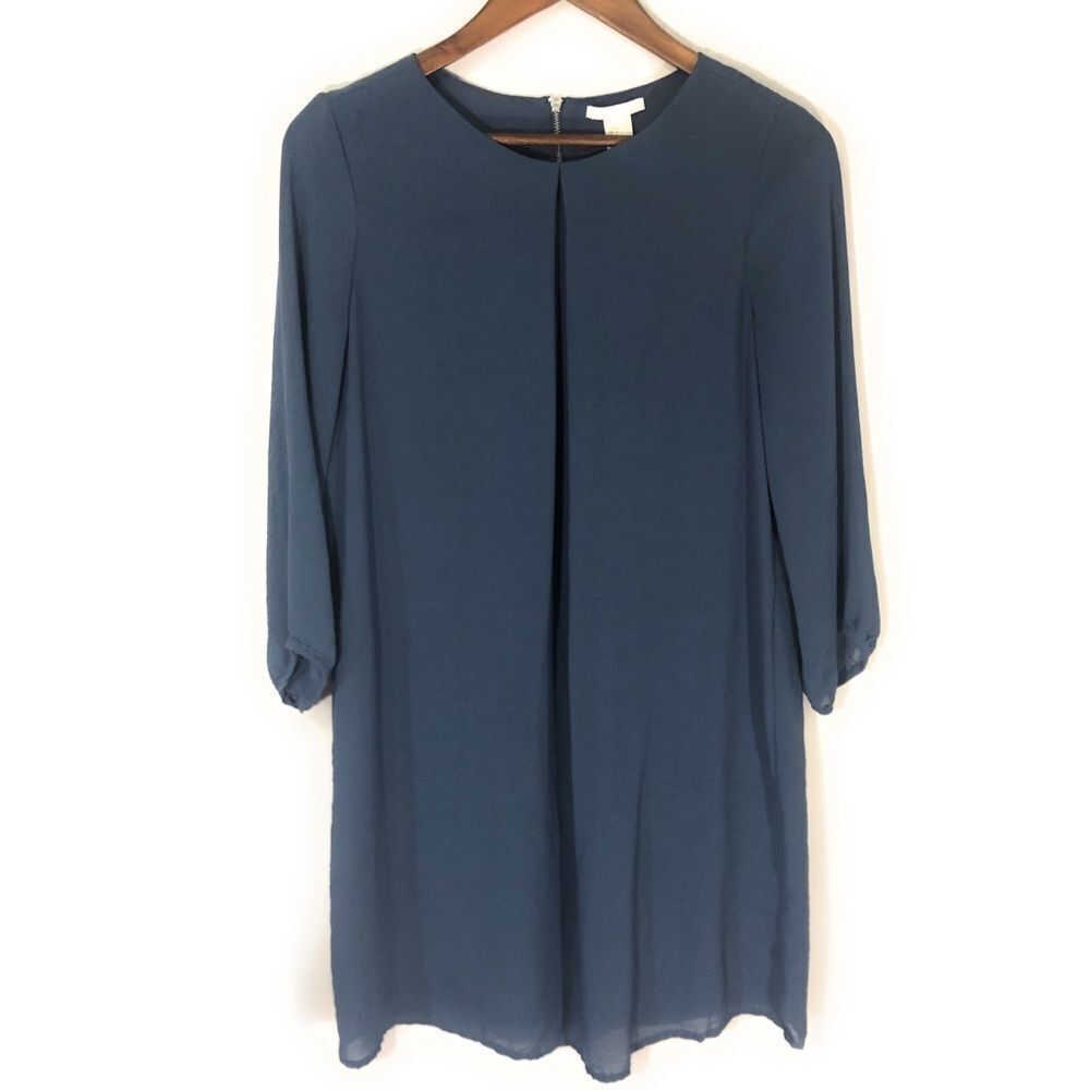 H&M Plain Blue Balloon Sleeve Zipper Shift Dress